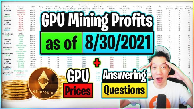 GPU Mining Profits as of 8/30/21 | GPU Prices | Answering Questions